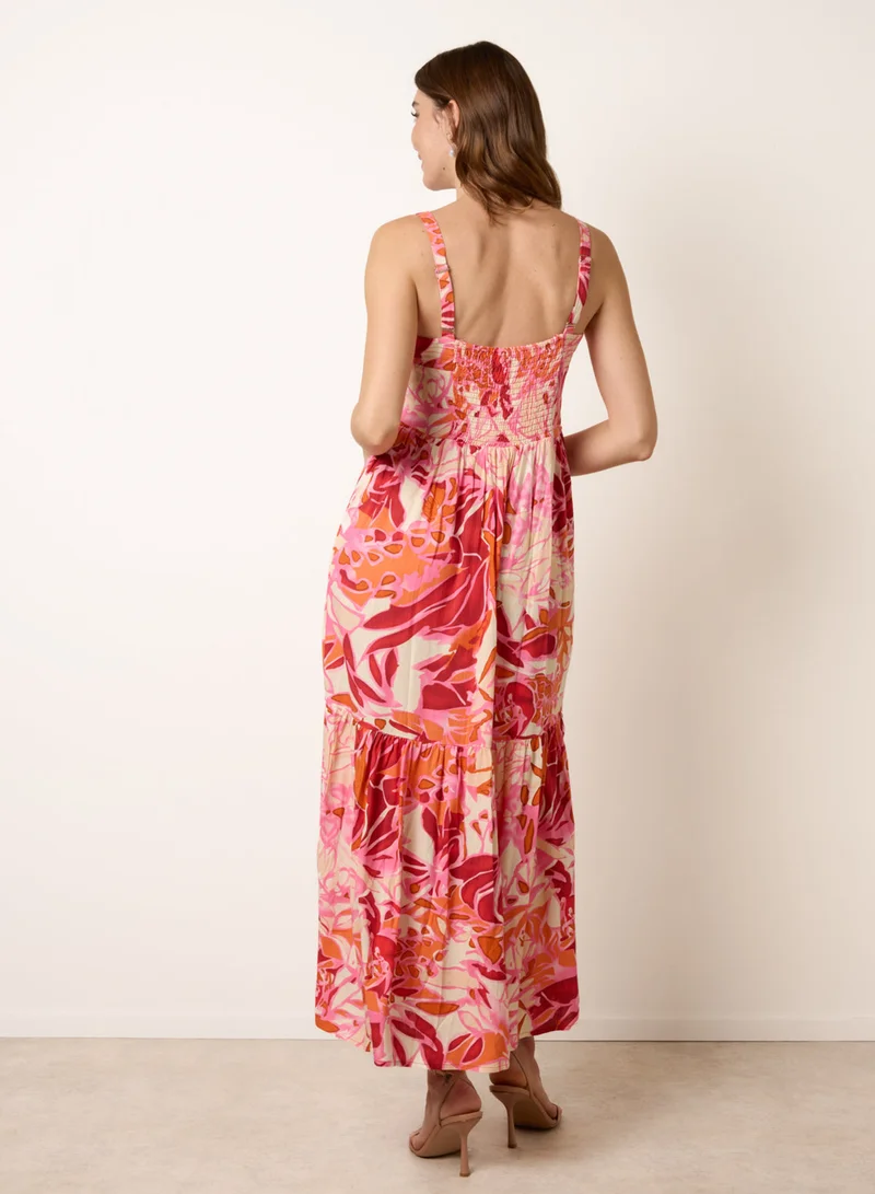 Blue Vanilla Tropical Print Adjustable Strap Maxi Dress